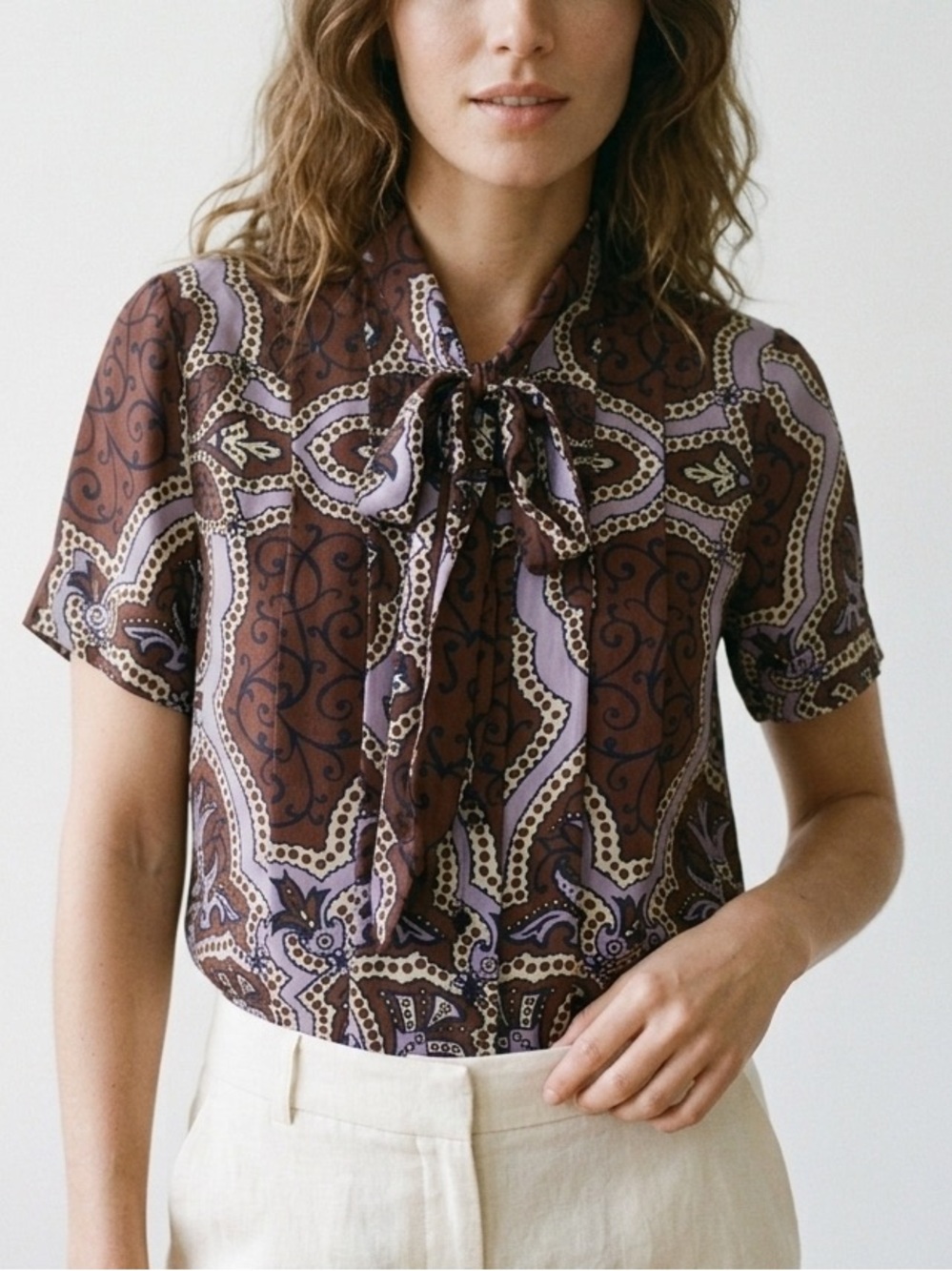 Vintage Silk Tie Neck Blouse Top Shirt Size Medium Brown Purple Y2K